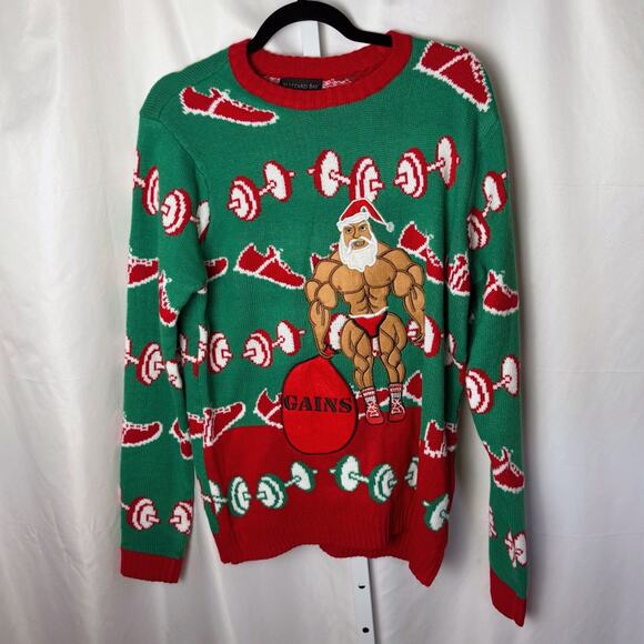 NEW Blizzard Bay GAINS Santa Ugly Christmas Sweater Men’s M Green Red Muscle Gym - Picture 1 of 4